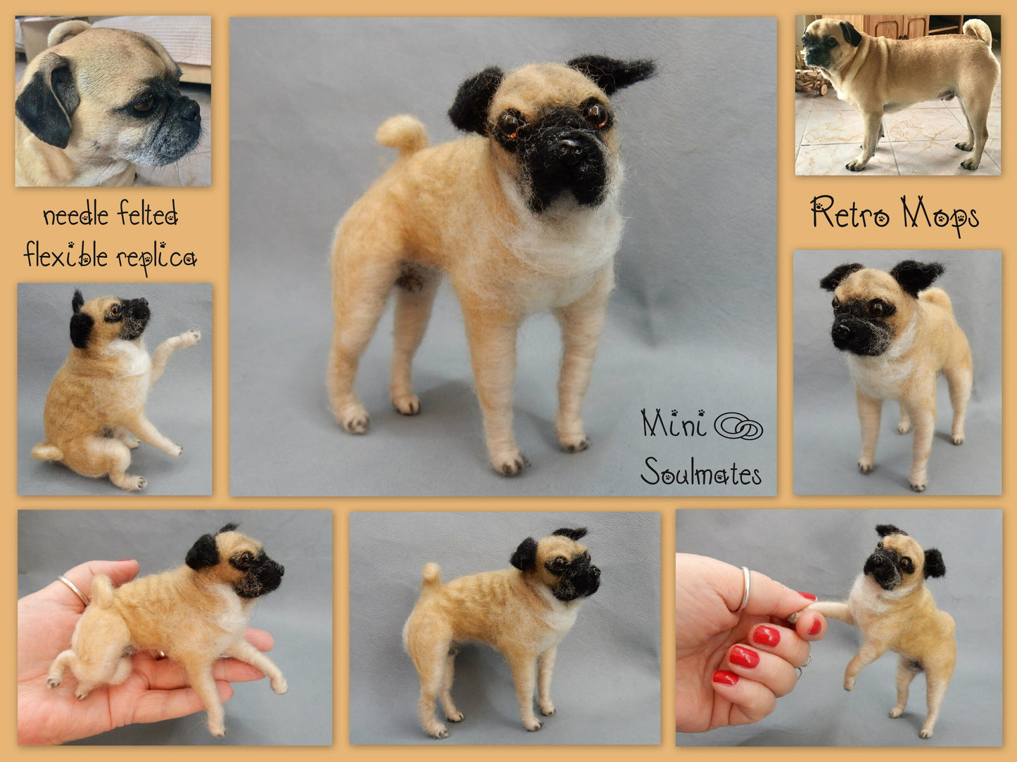 needle felted Pug art memorial gift
