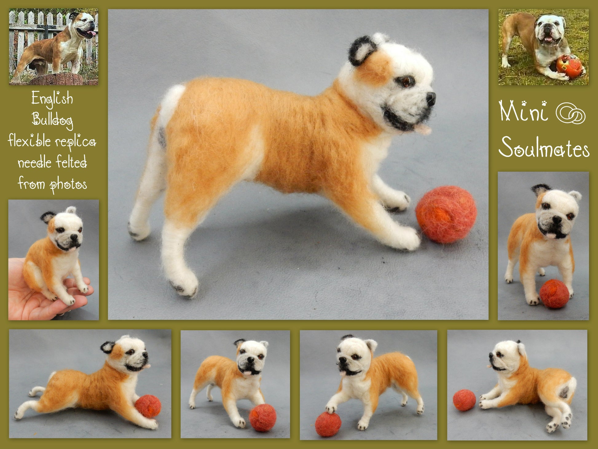 English Bulldog art needle-felted dog replica