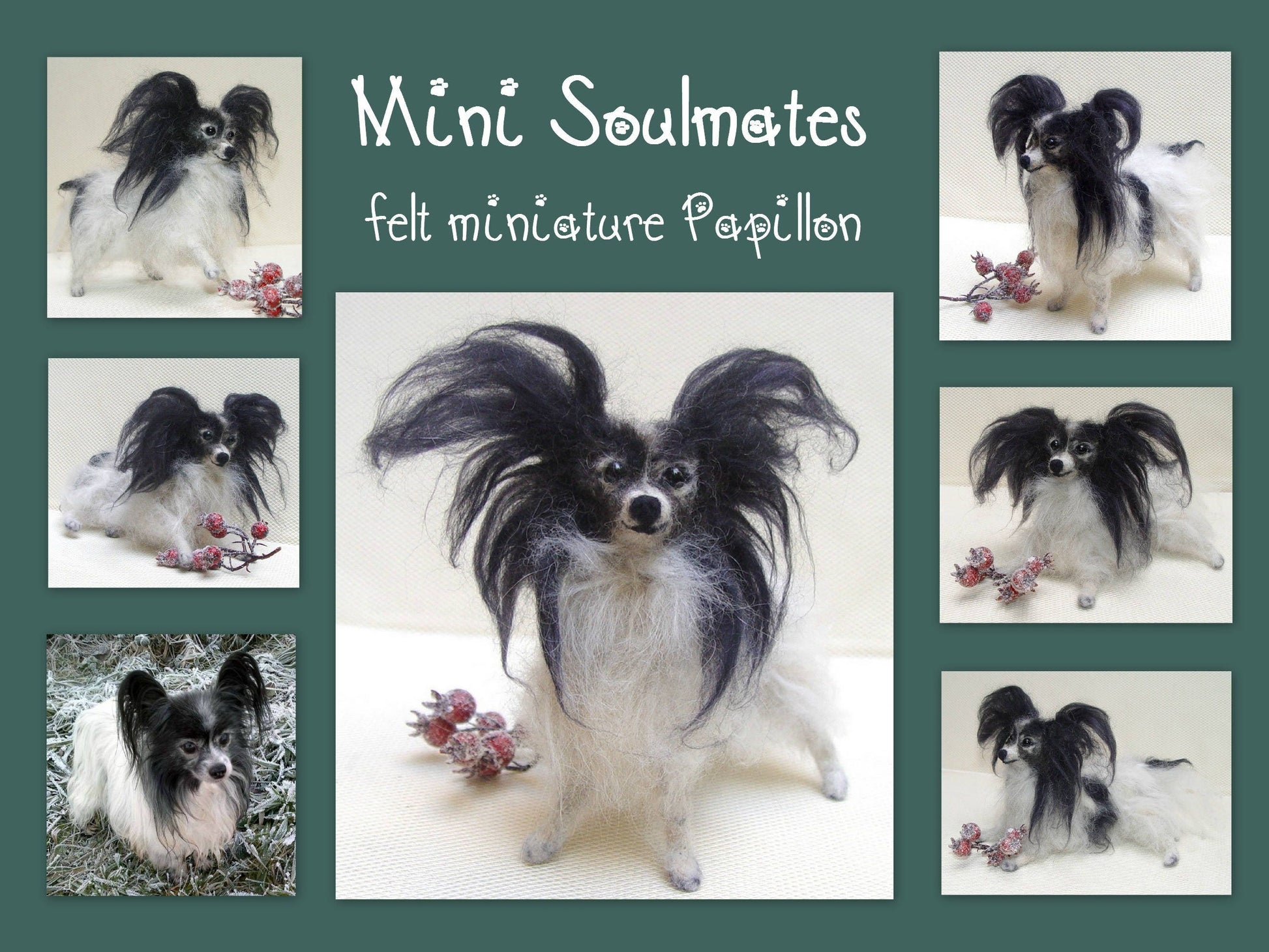 Papillon needle-felted dog sculpture rainbow bridge gift