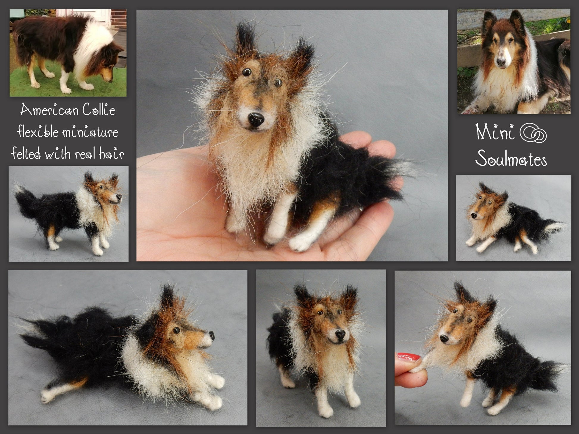 Rough Collie needle felted miniature with hair custom dog replica