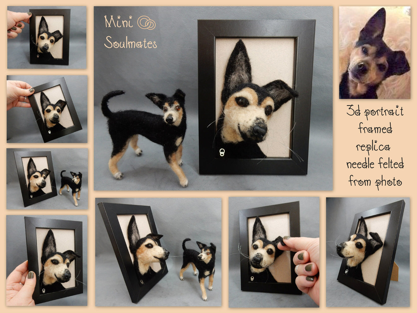 custom 3D portrait needle felt dog framed 