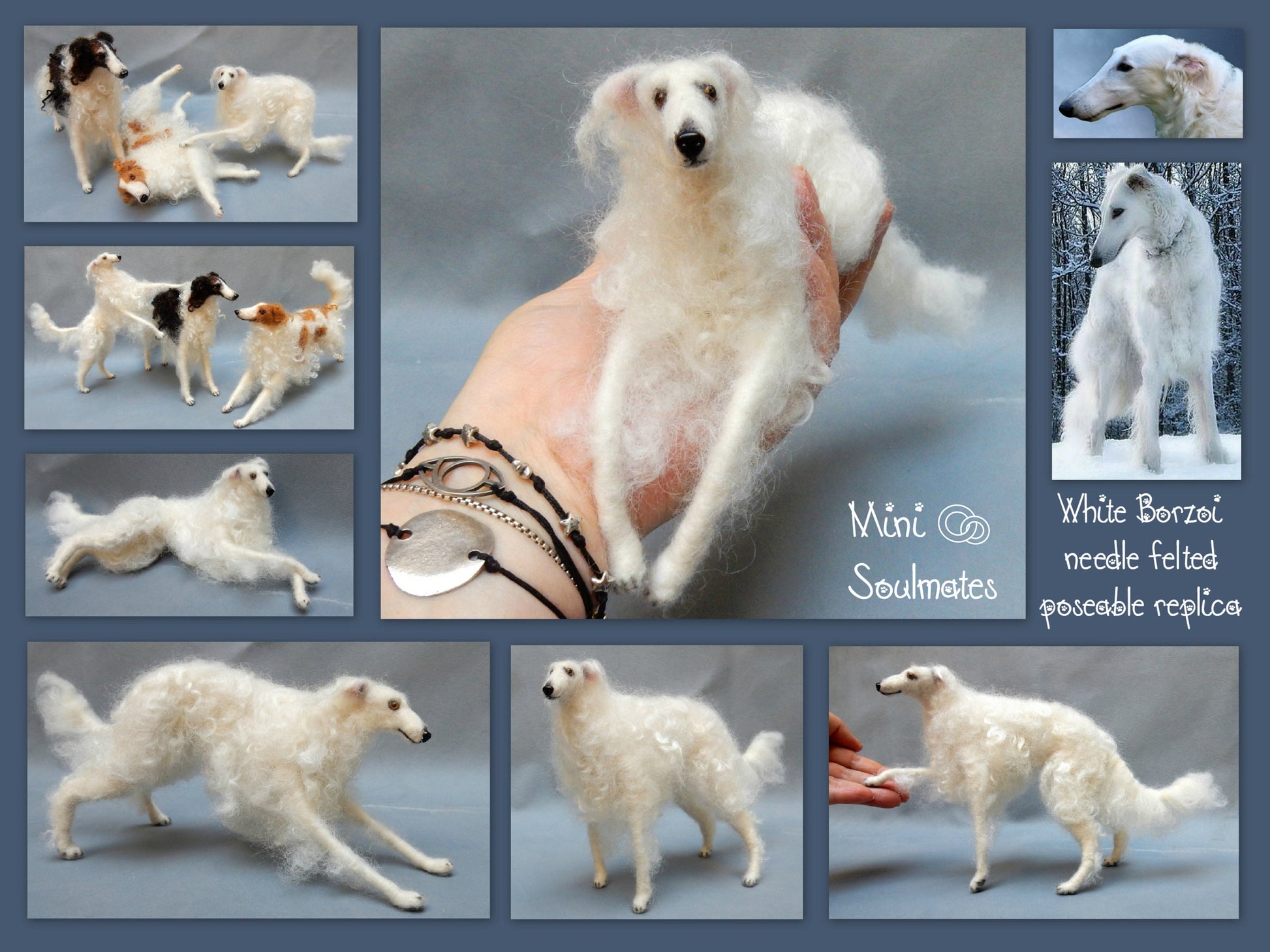 White Borzoi custom felted dog replica